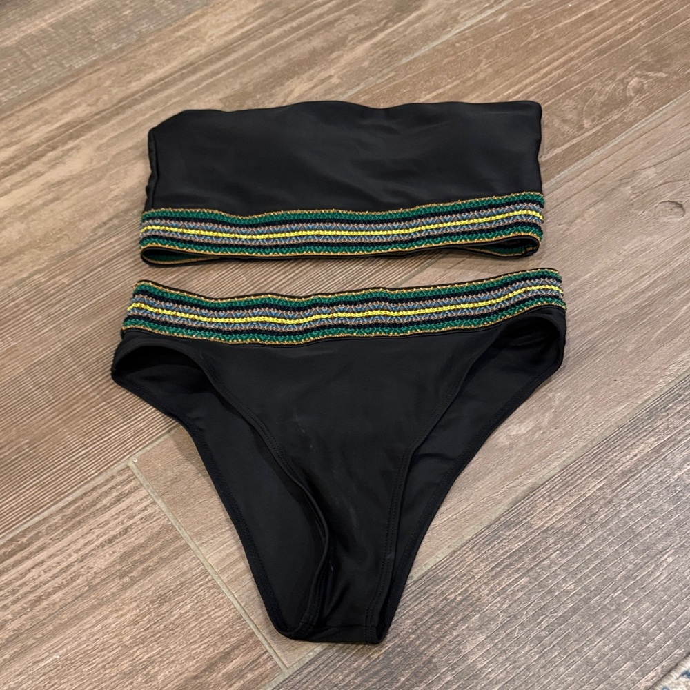 Black Bandeau Bikini Set with Multicolor Trim - Women Swim